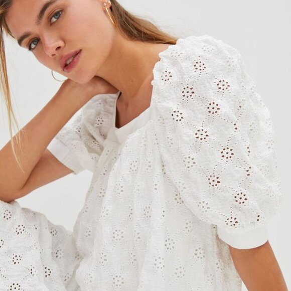 White Eyelet Mini Dress with Puff Sleeves - Size S - Maeve Anthropologie - Picture 2 of 8